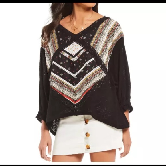 Free People Prairie Days BLACK Boho Tee NWT SIZE XS - Picture 1 of 7